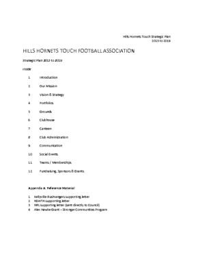 Hills Hornets Touch Strategic Plan 2015 – 2019